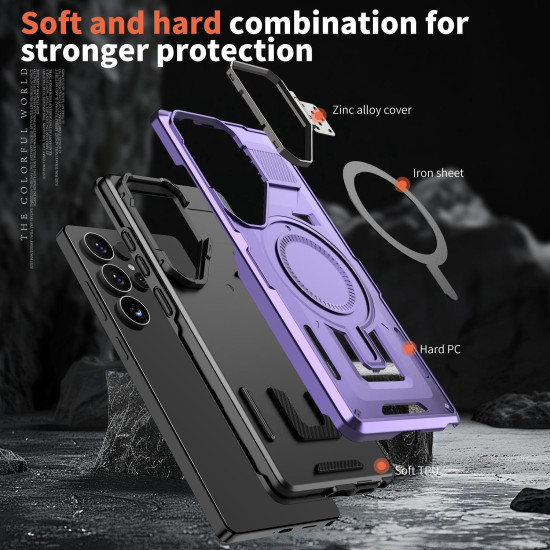 For Samsung Galaxy S24+ 5G Shield Hollow Frame Holder MagSafe Phone Case(Purple)