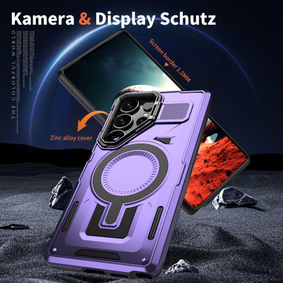 For Samsung Galaxy S24+ 5G Shield Hollow Frame Holder MagSafe Phone Case(Purple)