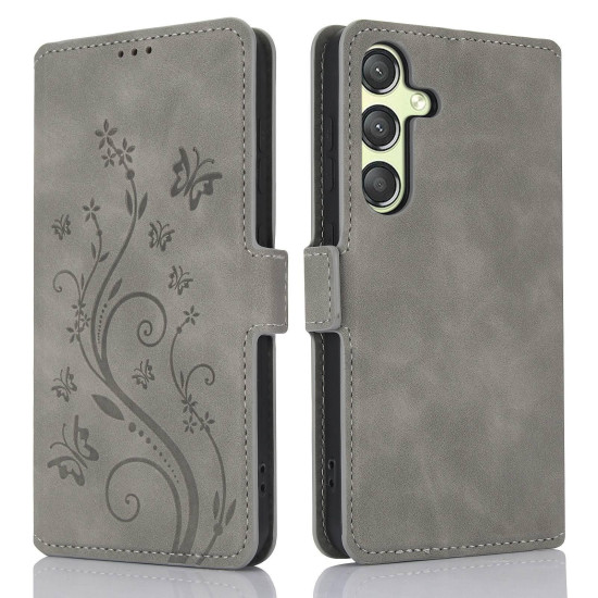 For Samsung Galaxy S24+ 5G Dreamy Butterfly Love Flower Embossed Leather Phone Case(Grey)