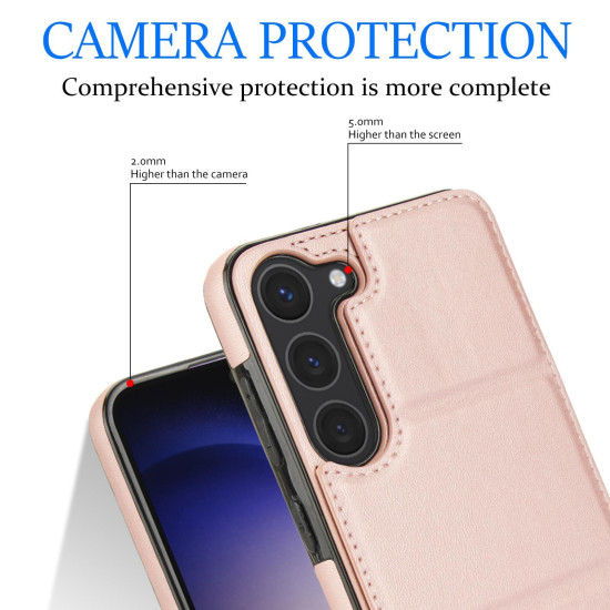 For Samsung Galaxy S23+ 5G Tri-fold Holder Leather Phone Case with Card Slot(Rose Gold)