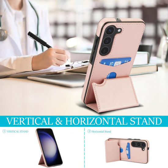 For Samsung Galaxy S23+ 5G Tri-fold Holder Leather Phone Case with Card Slot(Rose Gold)