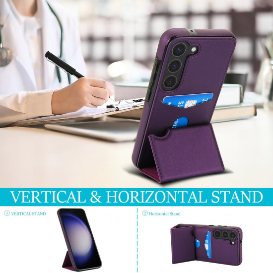 For Samsung Galaxy S23+ 5G Tri-fold Holder Leather Phone Case with Card Slot(Dark Purple)