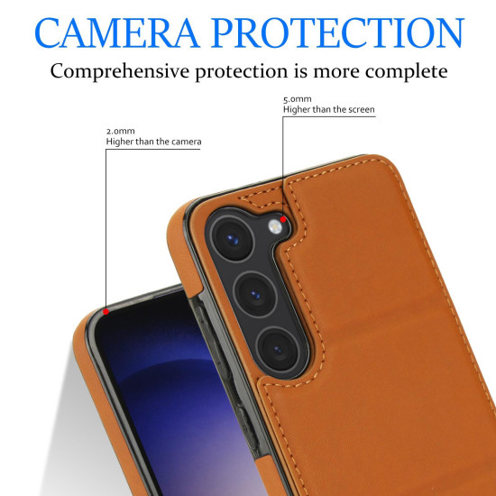 For Samsung Galaxy S23+ 5G Tri-fold Holder Leather Phone Case with Card Slot(Brown)