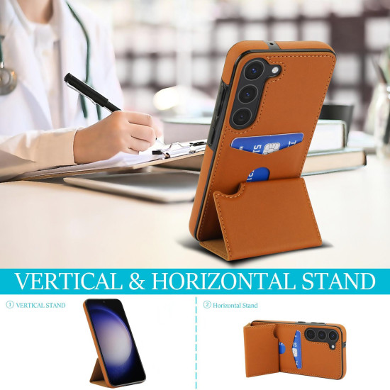 For Samsung Galaxy S23+ 5G Tri-fold Holder Leather Phone Case with Card Slot(Brown)