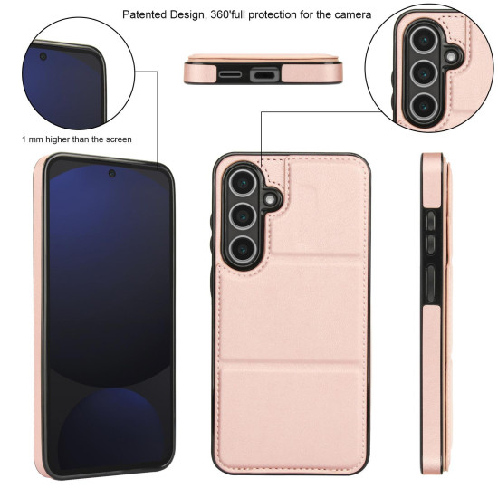 For Samsung Galaxy S24+ 5G Tri-fold Holder Leather Phone Case with Card Slot(Rose Gold)
