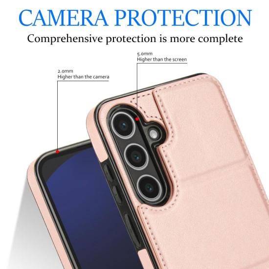 For Samsung Galaxy S24+ 5G Tri-fold Holder Leather Phone Case with Card Slot(Rose Gold)