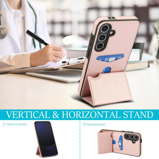 For Samsung Galaxy S24+ 5G Tri-fold Holder Leather Phone Case with Card Slot(Rose Gold)