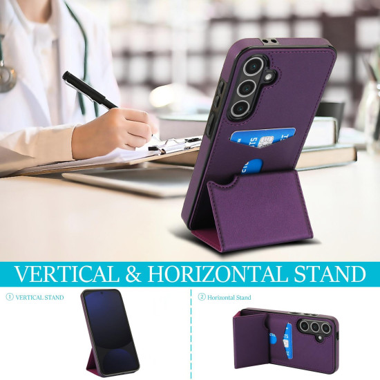 For Samsung Galaxy S24+ 5G Tri-fold Holder Leather Phone Case with Card Slot(Dark Purple)