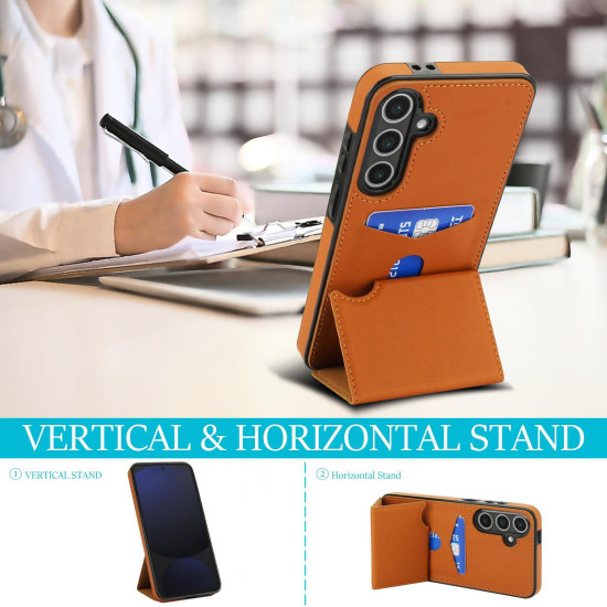 For Samsung Galaxy S24+ 5G Tri-fold Holder Leather Phone Case with Card Slot(Brown)