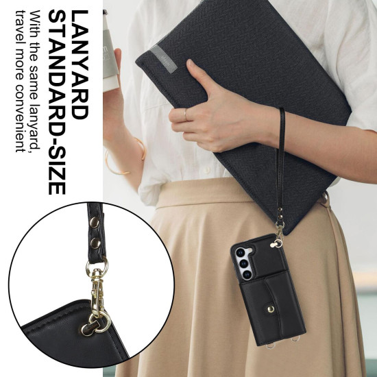 For Samsung Galaxy S24+ 5G RFID Card Slot Phone Case with Long Lanyard(Black)