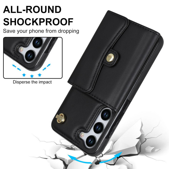 For Samsung Galaxy S24+ 5G RFID Card Slot Phone Case with Long Lanyard(Black)