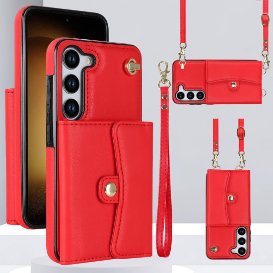 For Samsung Galaxy S24+ 5G RFID Card Slot Phone Case with Long Lanyard(Red)