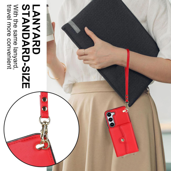 For Samsung Galaxy S24+ 5G RFID Card Slot Phone Case with Long Lanyard(Red)
