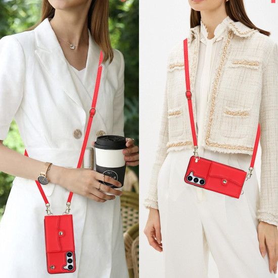 For Samsung Galaxy S24+ 5G RFID Card Slot Phone Case with Long Lanyard(Red)