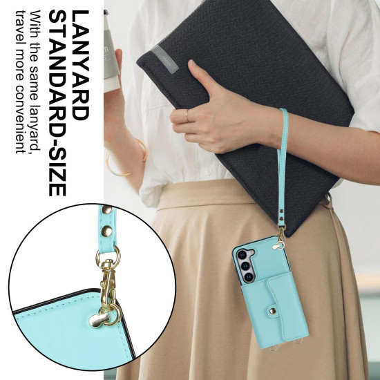 For Samsung Galaxy S24+ 5G RFID Card Slot Phone Case with Long Lanyard(Mint Green)