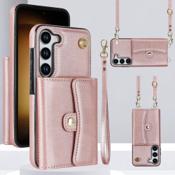 For Samsung Galaxy S24+ 5G RFID Card Slot Phone Case with Long Lanyard(Rose Gold)
