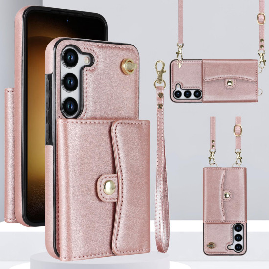 For Samsung Galaxy S24+ 5G RFID Card Slot Phone Case with Long Lanyard(Rose Gold)