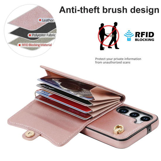 For Samsung Galaxy S24+ 5G RFID Card Slot Phone Case with Long Lanyard(Rose Gold)