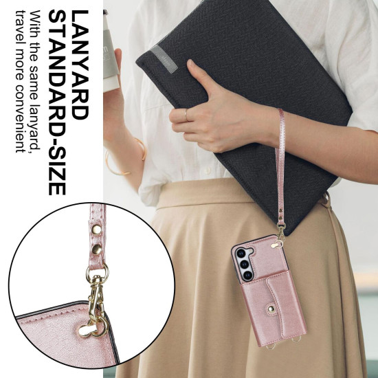 For Samsung Galaxy S24+ 5G RFID Card Slot Phone Case with Long Lanyard(Rose Gold)