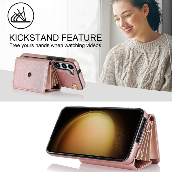 For Samsung Galaxy S24+ 5G RFID Card Slot Phone Case with Long Lanyard(Rose Gold)