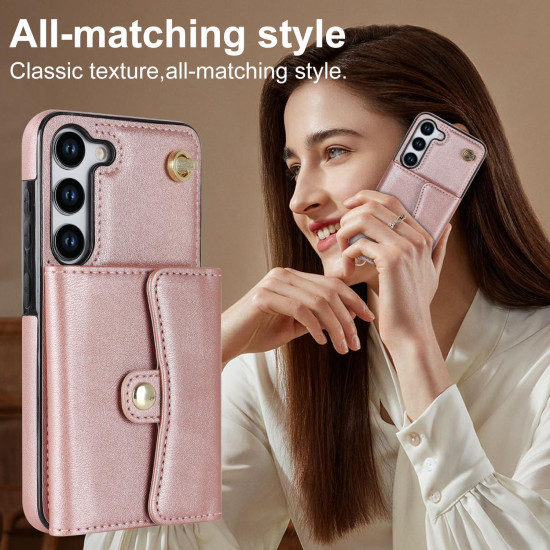 For Samsung Galaxy S24+ 5G RFID Card Slot Phone Case with Long Lanyard(Rose Gold)