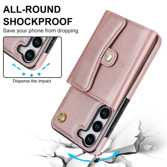 For Samsung Galaxy S24+ 5G RFID Card Slot Phone Case with Long Lanyard(Rose Gold)