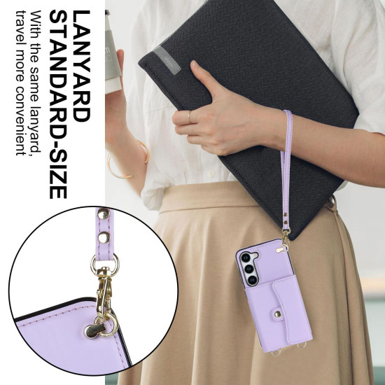For Samsung Galaxy S24+ 5G RFID Card Slot Phone Case with Long Lanyard(Purple)