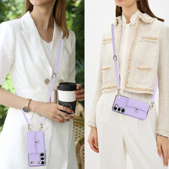 For Samsung Galaxy S24+ 5G RFID Card Slot Phone Case with Long Lanyard(Purple)