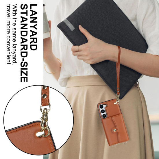 For Samsung Galaxy S24+ 5G RFID Card Slot Phone Case with Long Lanyard(Brown)
