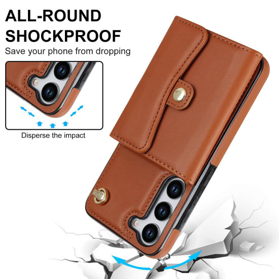 For Samsung Galaxy S24+ 5G RFID Card Slot Phone Case with Long Lanyard(Brown)