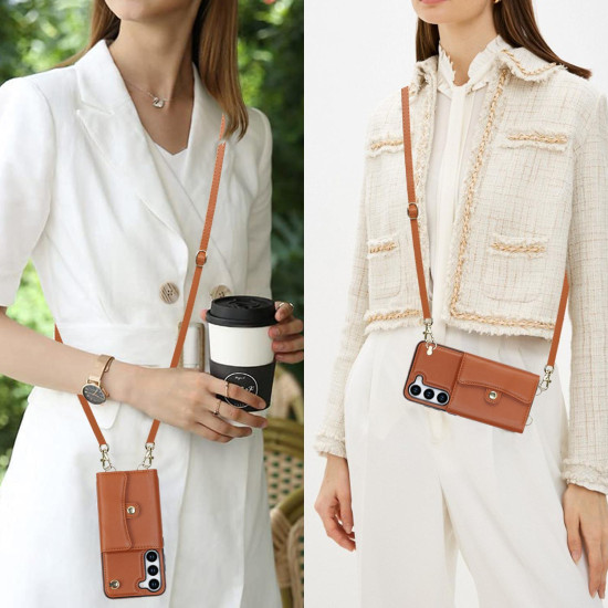 For Samsung Galaxy S24+ 5G RFID Card Slot Phone Case with Long Lanyard(Brown)