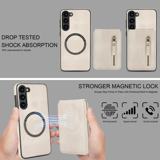 For Samsung Galaxy S23+ 5G Zipper Wallet Split MagSafe Leather Back Phone Case(White)