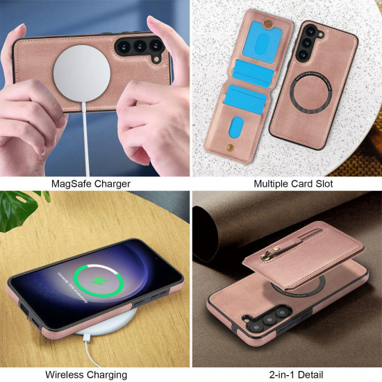 For Samsung Galaxy S23+ 5G Zipper Wallet Split MagSafe Leather Back Phone Case(Rose Gold)