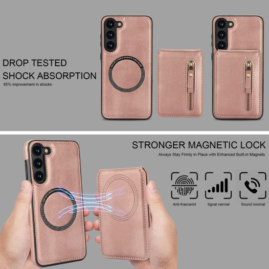 For Samsung Galaxy S23+ 5G Zipper Wallet Split MagSafe Leather Back Phone Case(Rose Gold)