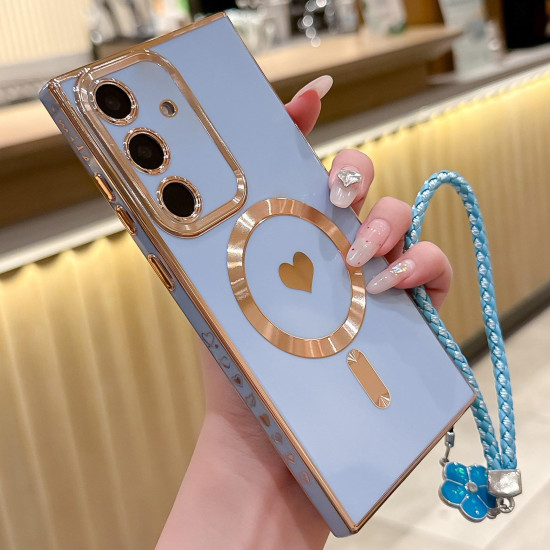 For Samsung Galaxy S24+ 5G Pupil Side Heart MagSafe Electroplating Phone Case with Lanyard(Far Peak Blue)