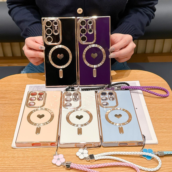 For Samsung Galaxy S24+ 5G Pupil Side Heart MagSafe Electroplating Phone Case with Lanyard(Far Peak Blue)