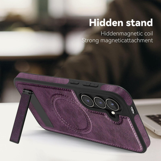 For Samsung Galaxy S24+ 5G Multi-function Holder MagSafe PU Phone Case(Deep Purple)