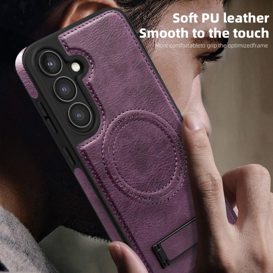 For Samsung Galaxy S24+ 5G Multi-function Holder MagSafe PU Phone Case(Deep Purple)