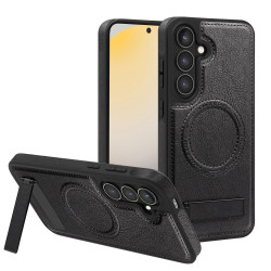 For Samsung Galaxy S24+ 5G Multi-function Holder MagSafe PU Phone Case(Black)