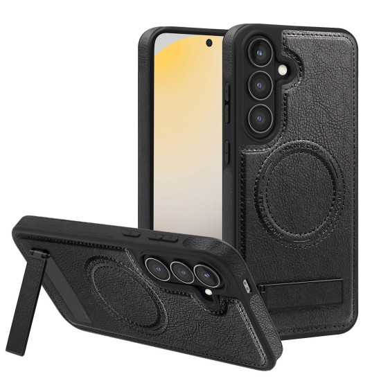 For Samsung Galaxy S24+ 5G Multi-function Holder MagSafe PU Phone Case(Black)