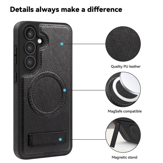 For Samsung Galaxy S24+ 5G Multi-function Holder MagSafe PU Phone Case(Black)