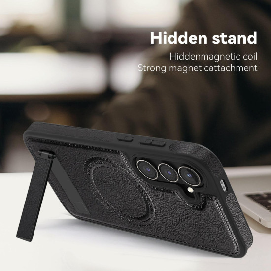 For Samsung Galaxy S24+ 5G Multi-function Holder MagSafe PU Phone Case(Black)