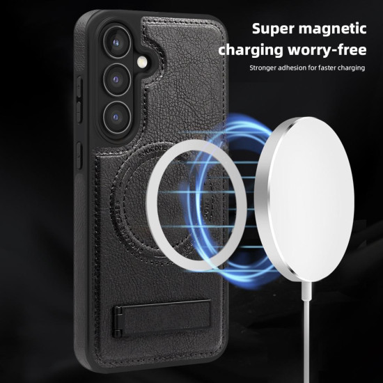 For Samsung Galaxy S24+ 5G Multi-function Holder MagSafe PU Phone Case(Black)