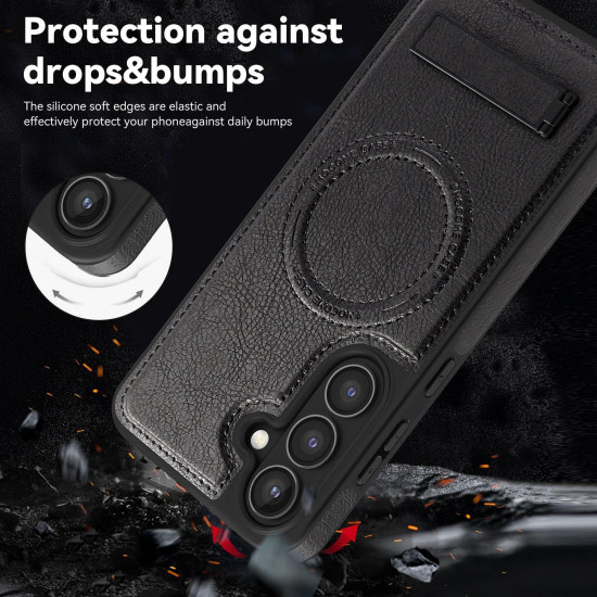 For Samsung Galaxy S24+ 5G Multi-function Holder MagSafe PU Phone Case(Black)