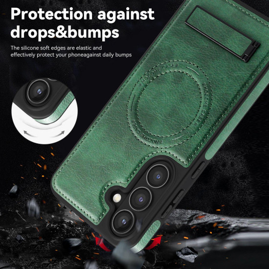 For Samsung Galaxy S24+ 5G Multi-function Holder MagSafe PU Phone Case(Green)