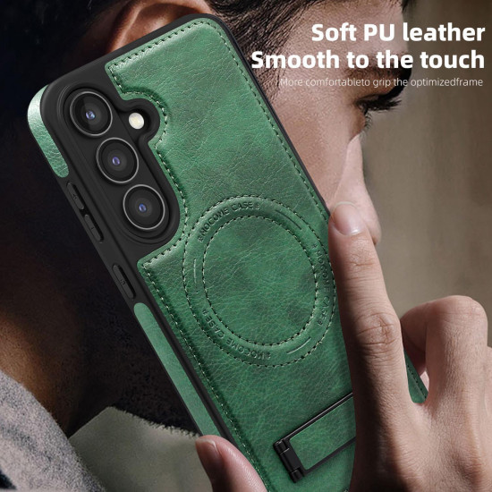 For Samsung Galaxy S24+ 5G Multi-function Holder MagSafe PU Phone Case(Green)