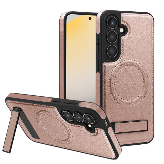 For Samsung Galaxy S24+ 5G Multi-function Holder MagSafe PU Phone Case(Rose Gold)