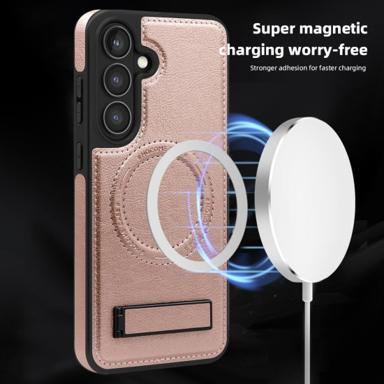 For Samsung Galaxy S24+ 5G Multi-function Holder MagSafe PU Phone Case(Rose Gold)