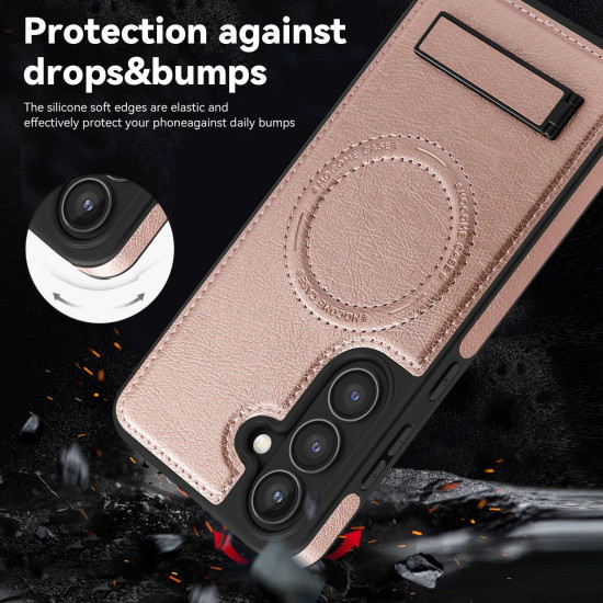 For Samsung Galaxy S24+ 5G Multi-function Holder MagSafe PU Phone Case(Rose Gold)
