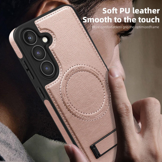 For Samsung Galaxy S24+ 5G Multi-function Holder MagSafe PU Phone Case(Rose Gold)